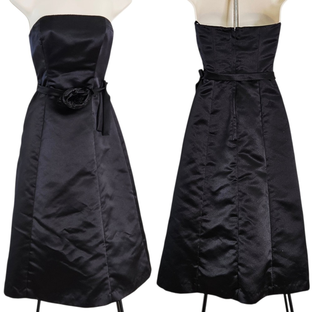 BCBG MAXAZRIA Black Satin Strapless Rosette Midi‎ Cocktail Dress Size 0